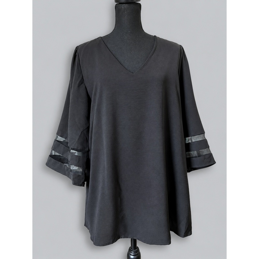 Bell Sleeve Blouse Women 2XL Black Excellent Mesh Panel V-Neck Crepe